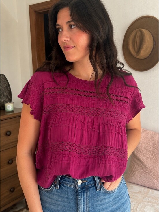 Sundance Tops - Sundance Aria Blouse Size M Pink Mauve Pintucks Lace Embroidered Boho Lagenlook